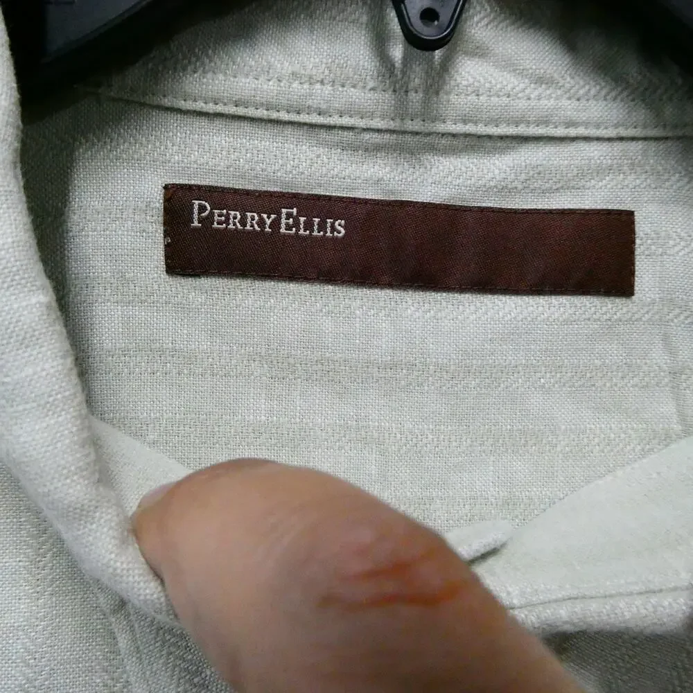 Perry Ellis men's size XL green button-up short sleeve‎ top shirt linen cotton